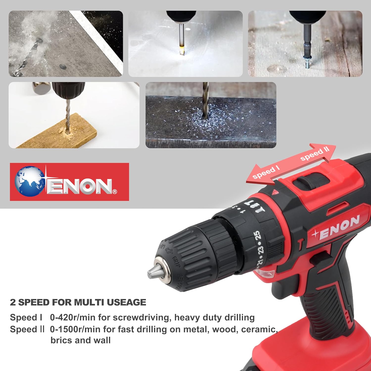 Enon Cordless Impact Drill for Home Use, 20V, 1500Rpm, Keyless Chuck 10mm, 25 Level Torque, F/R Trigger, 2 Modes, 2X1.5Ah Batteries, Drill Kit for Wood, Metal, Concrete - 6 Month Warranty (XE-CD2011) Enon Cordless Impact Drill for Home Use, 20V, 1500Rpm, Keyless Chuck 10mm, 25 Level Torque, F/R Trigger, 2 Modes, 2X1.5Ah Batteries, Drill Kit for Wood, Metal, Concrete - 6 Month Warranty (XE-CD2011)